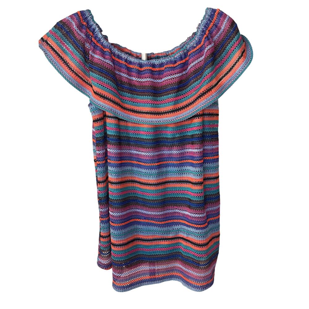 New Directions Off the Shoulder Multicolor‎ striped crochet tunic top